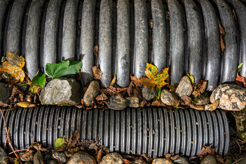 Black drainage pipes lie among scattered stones and vibrant autumn leaves on a forest floor, showcasing nature's changing landscape.