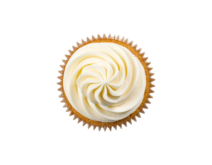 Top-down view of a vanilla cupcake with swirled frosting