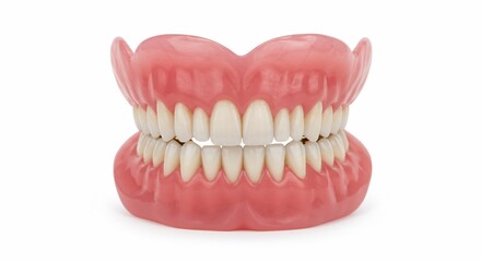 Obraz premium A full set of dentures with pink gums and white teeth isolated on a white background in a studio shot