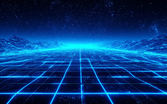 Futuristic blue grid landscape with starry night sky