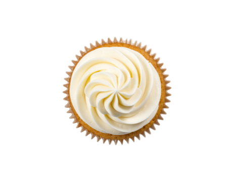 Top-down view of a vanilla cupcake with swirled frosting