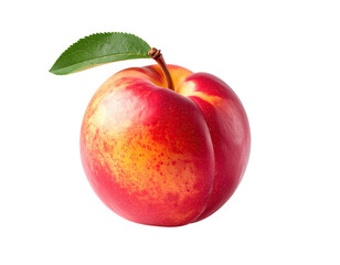 Close-up of a vibrant, round, red-and-yellow plum.  A single green leaf rests on top