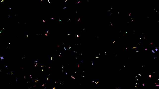 Realistic colorful confetti animation falling down, perfect for party, birthday, New Year celebration, wedding, and festive video projects. Includes transparent on Alpha Channel ProRes 4444.