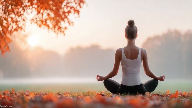 Serene Yoga and Autumn Radiance: A woman practices yoga amidst the stunning fall foliage and gentle sunlight. This image conveys tranquility, peacefulness, and mindfulness in a natural environment. 