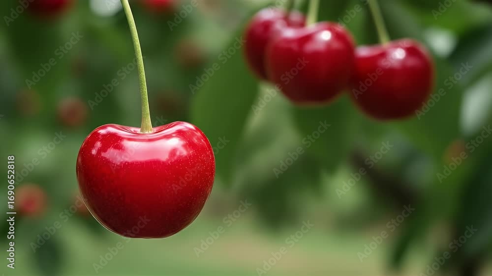 Poster close-up of a single ripe, shiny red cherry hanging on a tree branch in a summer garden with a soft-