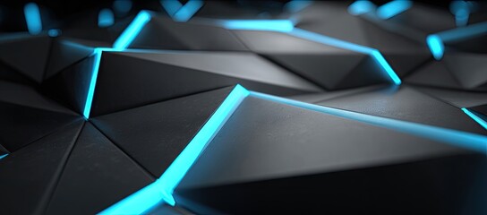 A close-up view of a dark gray, geometric surface with bright blue neon lines highlighting the edges of the intricate shapes.
