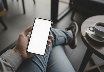Person Holding Smartphone in Cafe.