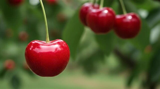 Close-up of a single ripe, shiny red cherry hanging on a tree branch in a summer garden with a soft-focus background.