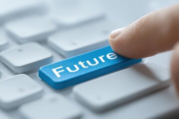 A close-up of a finger pressing a blue "Future" key on a keyboard, symbolizing technology and forward-thinking.