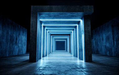 A futuristic tunnel with blue neon lights in a concrete structure
