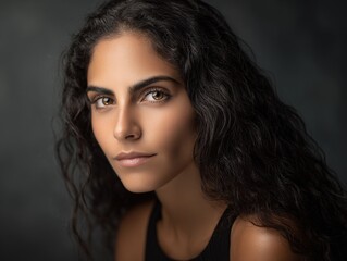 Fototapeta premium A portrait of a captivating woman with wavy dark hair, wearing a black tank top, designed for social media avatars, model photos, and business card photos, suitable for personal and professional use.
