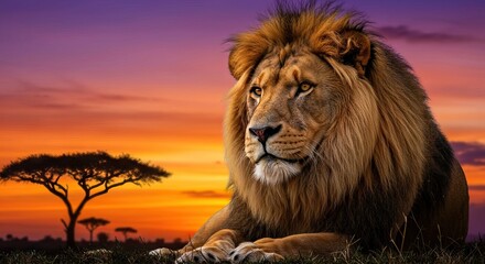 A majestic lion rests in a grassy field against a vibrant sunset backdrop with acacia trees silhouetted in the distance