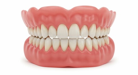 Obraz premium A set of dentures with white teeth and pink gums displayed on a plain white background in a studio shot
