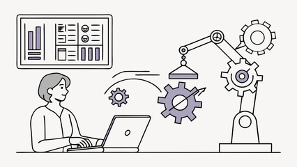 Illustration of a person working on a laptop with a robotic arm and data dashboard in the background.