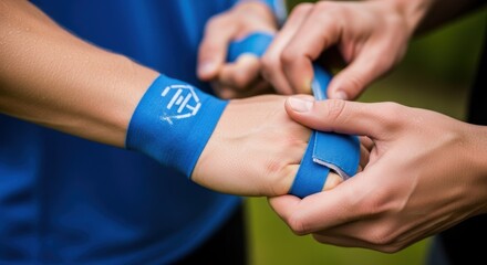 Person wrapping blue hand wraps in preparation for boxing or martial arts training