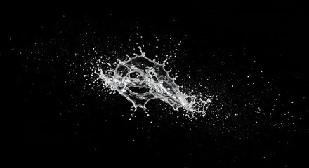 Fototapeta premium A water splash with droplets frozen midair against a stark black background