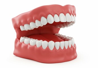 Obraz premium A set of dentures with white teeth and pink gums displayed on a plain white background in a studio shot