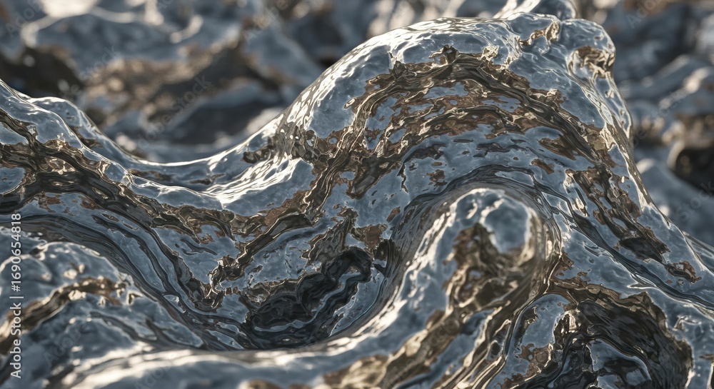 Fototapete gleaming undulating molten metal with a textured surface displaying varied light reflection and abst