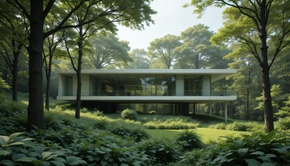 Obraz premium Modern luxury villa nestled amidst lush green forest creating serene tranquil architectural beauty