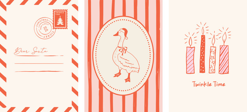 Merry Christmas hand drawn greeting cards, banners, prints. La dolce vita style illustrations with Xmas trees, decorations and wreath. Vector design 