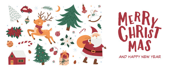 Cute Christmas poster with Santa Claus, reindeer, gifts, tree, poinsettia and house. Holiday vector set with toys, ornaments and snowflakes. Merry Christmas and Happy New Year 2026 festive banner.