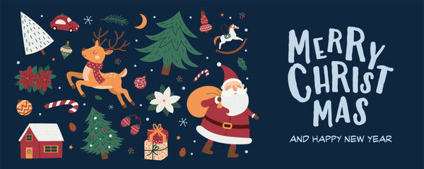 Merry Christmas and Happy New Year 2026 poster. Cute holiday banner with Santa Claus, reindeer, decorated tree. Festive winter collection with ornaments and snowflakes. 
