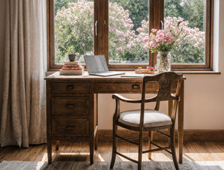 Cozy Home Office with Wooden Desk, Garden View Windows, and Natural Light