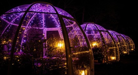 Enchanting nighttime view of illuminated glass domes with purple lights in garden setting