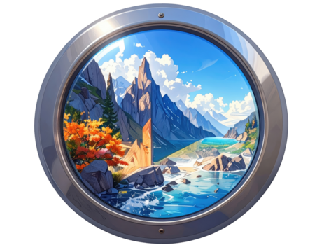 Scenic mountain vista framed in a metallic porthole