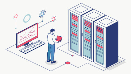 Fototapeta premium Isometric Illustration of Data Center Technician Working with Servers and Computer.