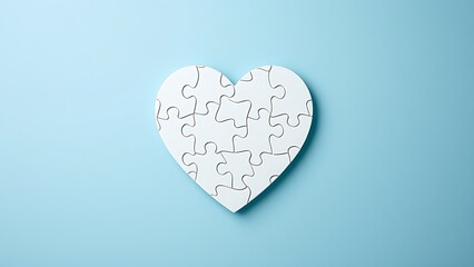 Heart-shaped puzzle on a light blue background, symbolizing autism awareness with soft overhead light.