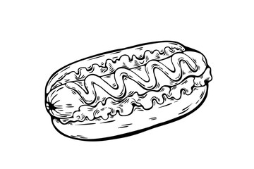 Classic hotdog sketch with mustard and lettuce in black and white