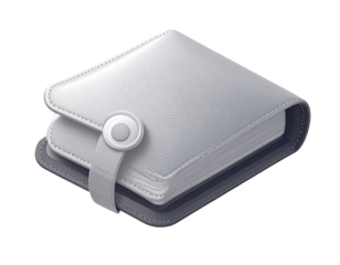 Light gray wallet, closed, with dark gray accents, 3D style,  book-like design