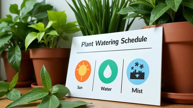 Plant watering schedule sign surrounded by green potted plants  