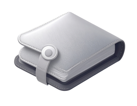 Light gray wallet, closed, with dark gray accents, 3D style,  book-like design