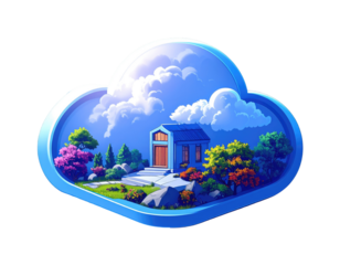 Cloud-shaped emblem; peaceful landscape inside