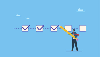 Businessman project manager tick project checklist progress. Project tracking, finishing or development completion progress, project timeline or task workflow, productivity or efficiency.