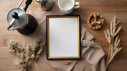 Small empty picture frames placed on a wooden background surrounding a coffee cup, coffee maker and vintage rice.