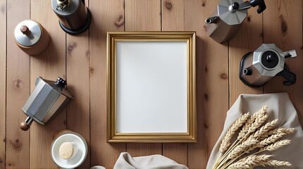 An empty picture frame sits on a wooden table surrounded by numerous coffee makers and rice.
