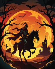 The headless horseman rides a black steed through a spooky landscape