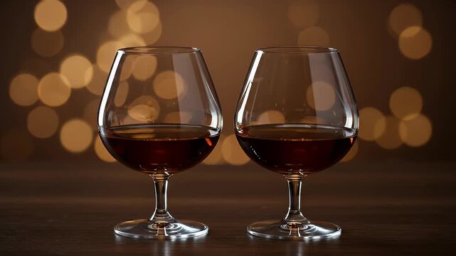 Two elegant snifter glasses of brandy or cognac on a wooden table with a warm, festive bokeh light background.