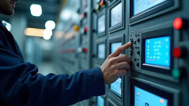 Industrial Technician Hand Calibrating Temperature Sensors Control Panel