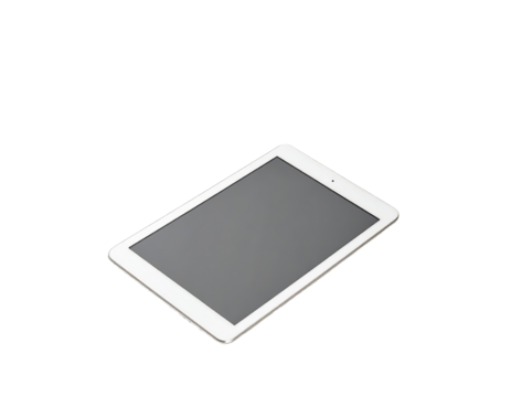 White tablet computer, angled view, dark screen