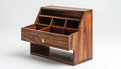 Polished wooden desk organizer with compartments, drawer, and brass knob on neat office background…