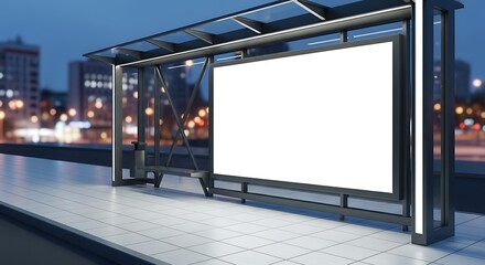 Blank Billboard at Night Bus Stop.