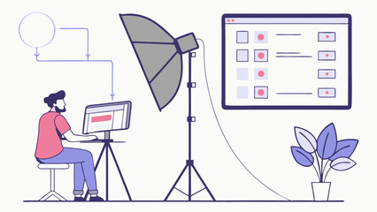 Studio Setup Photographer Working on Computer Photo Editing Image Processing Digital Art Illustration.