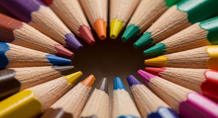 Fototapeta premium Macro shot of colorful pencils tips arranged in a circle, high sharpness, vibrant detail