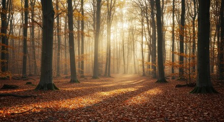 Fototapeta premium Sunlight streams through a misty autumn forest, illuminating a pathway lined with tall trees and a carpet of fallen leaves.