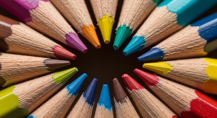 Fototapeta premium Macro shot of colorful pencils tips arranged in a circle, high sharpness, vibrant detail