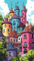 Obraz premium Whimsical Cartoon Village of Colorful, Towering Houses Amidst Lush Greenery and Bright Blue Sky